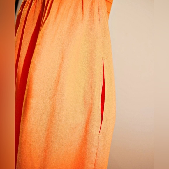 TAHARI Linen Blend Wide Stripes Pockets Pleated Bodice Maxi Dress in Orange Sz 2 - Picture 10 of 15